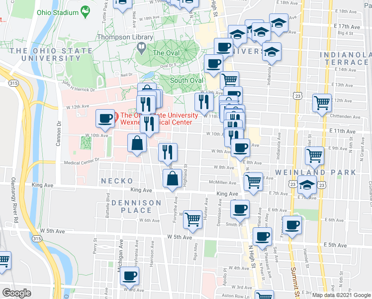 map of restaurants, bars, coffee shops, grocery stores, and more near Highland Street & West 9th Avenue in Columbus