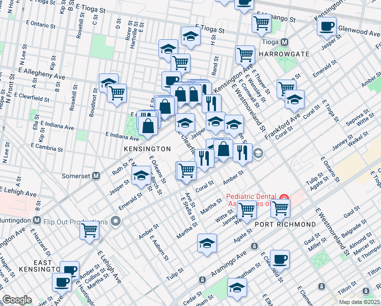 map of restaurants, bars, coffee shops, grocery stores, and more near 3090 Emerald Street in Philadelphia
