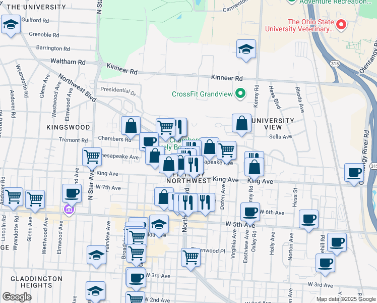 map of restaurants, bars, coffee shops, grocery stores, and more near 1211 Chambers Road in Columbus