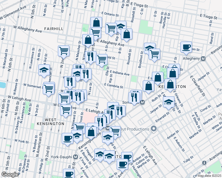 map of restaurants, bars, coffee shops, grocery stores, and more near 2841 Kip Street in Philadelphia