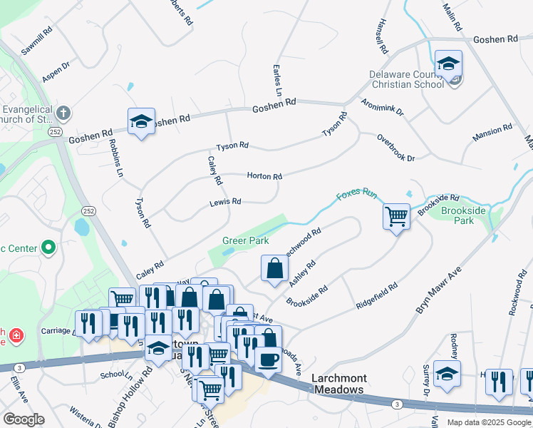 map of restaurants, bars, coffee shops, grocery stores, and more near 3410 Lewis Road in Newtown Square