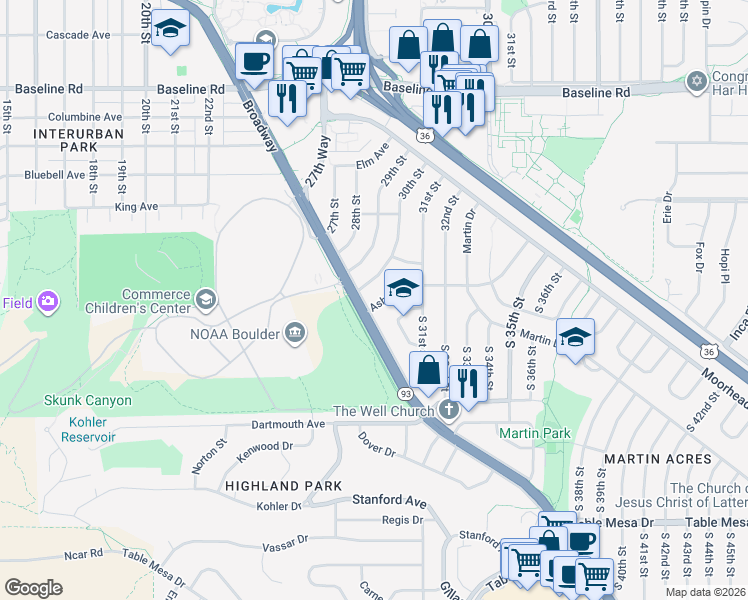 map of restaurants, bars, coffee shops, grocery stores, and more near 3015 Ash Avenue in Boulder
