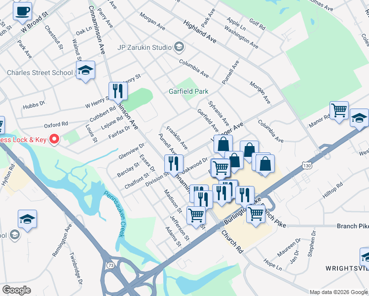 map of restaurants, bars, coffee shops, grocery stores, and more near 3 Purnell Avenue in Cinnaminson