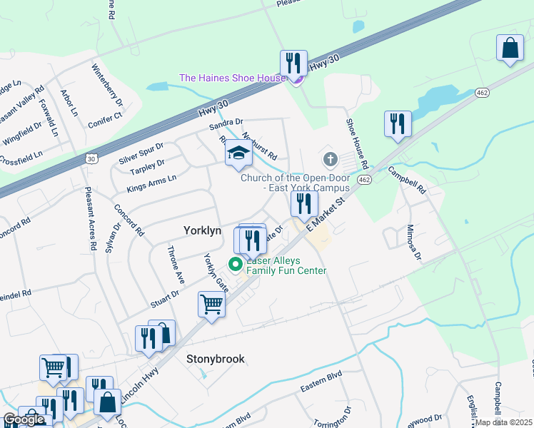 map of restaurants, bars, coffee shops, grocery stores, and more near 120 Valley Brook Drive in York