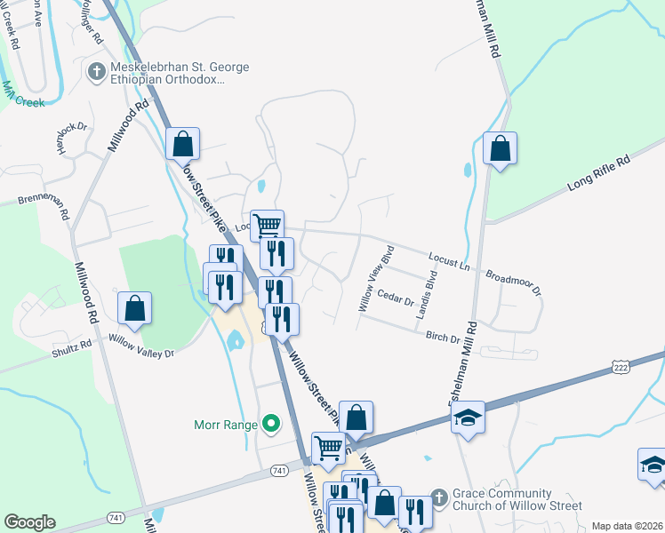 map of restaurants, bars, coffee shops, grocery stores, and more near 105 Dorianne Drive in Willow Street