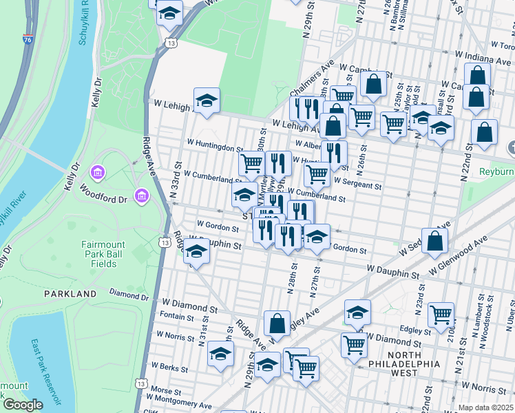 map of restaurants, bars, coffee shops, grocery stores, and more near 2420 North Myrtlewood Street in Philadelphia