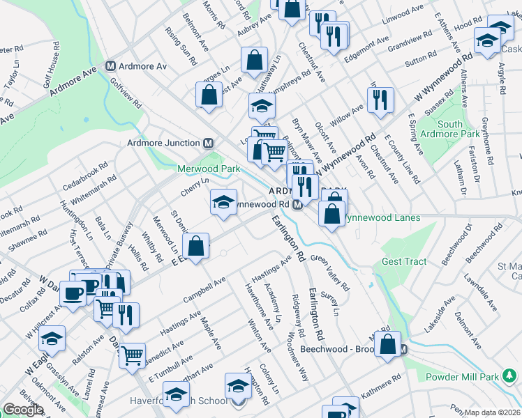 map of restaurants, bars, coffee shops, grocery stores, and more near 426 East Eagle Road in Havertown