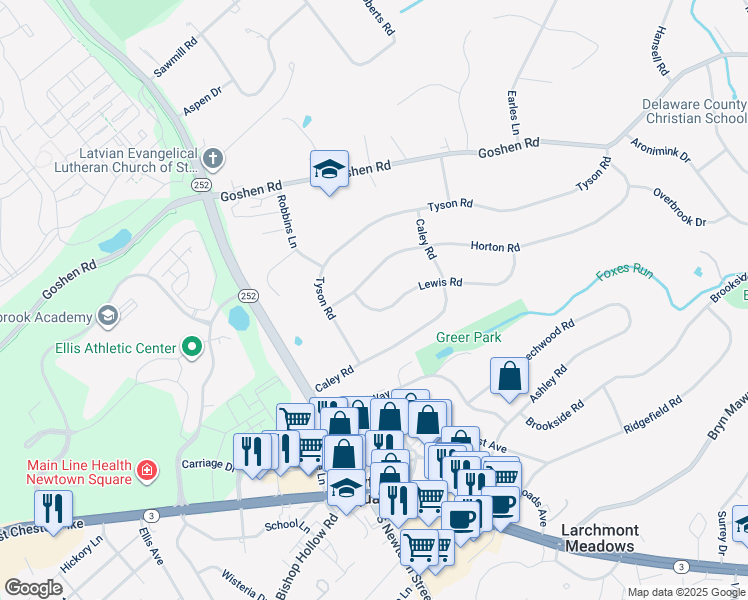 map of restaurants, bars, coffee shops, grocery stores, and more near 3517 Lewis Road in Newtown Square