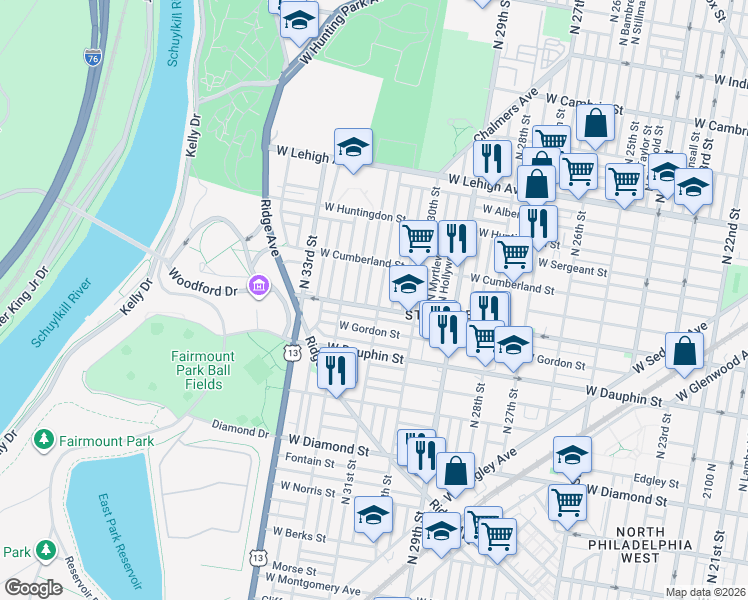 map of restaurants, bars, coffee shops, grocery stores, and more near 2408 North 31st Street in Philadelphia