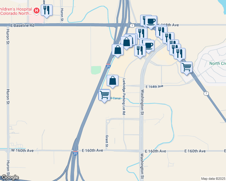 map of restaurants, bars, coffee shops, grocery stores, and more near 16395 Washington Street in Thornton