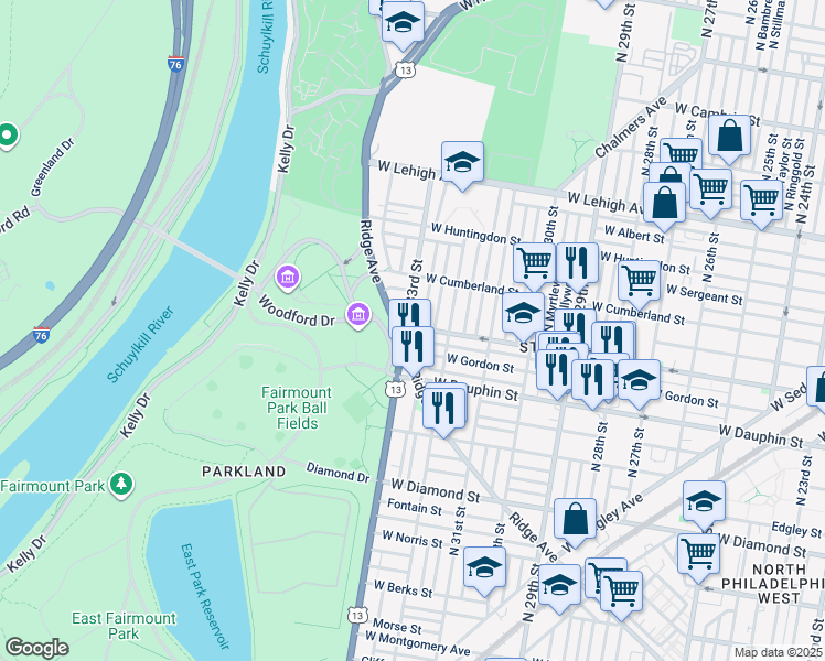 map of restaurants, bars, coffee shops, grocery stores, and more near 2327 North 33rd Street in Philadelphia