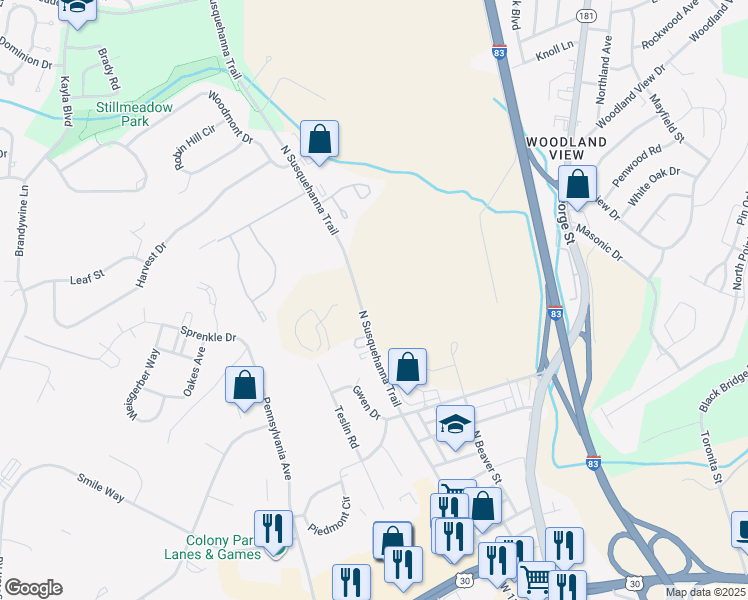 map of restaurants, bars, coffee shops, grocery stores, and more near 2201 North Susquehanna Trail in York