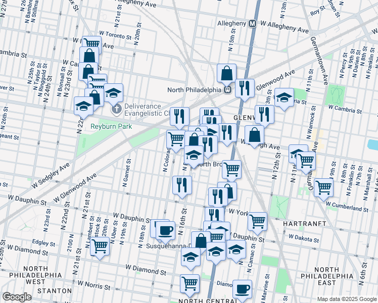 map of restaurants, bars, coffee shops, grocery stores, and more near 2615 North Bancroft Street in Philadelphia