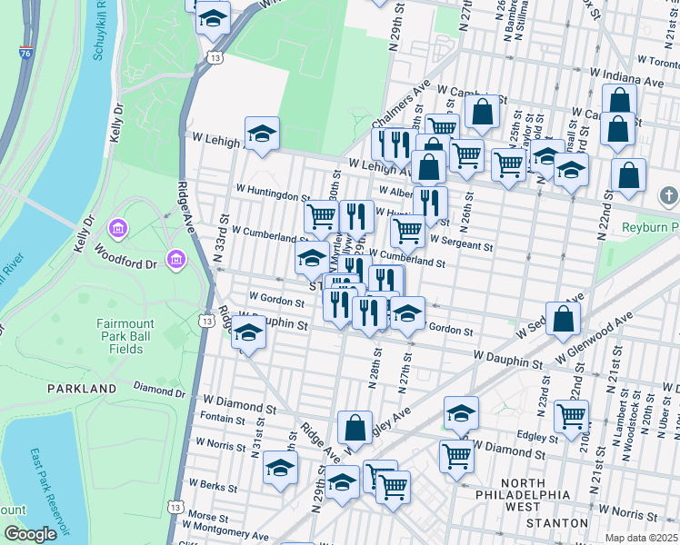 map of restaurants, bars, coffee shops, grocery stores, and more near 2424 North Hollywood Street in Philadelphia
