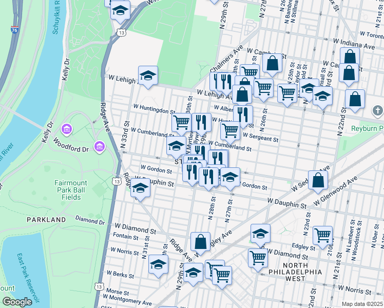 map of restaurants, bars, coffee shops, grocery stores, and more near 2424 North Hollywood Street in Philadelphia