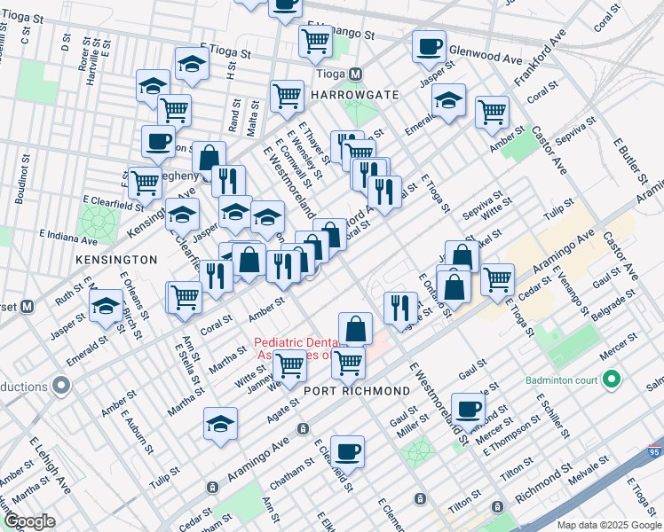 map of restaurants, bars, coffee shops, grocery stores, and more near 2095 East Willard Street in Philadelphia