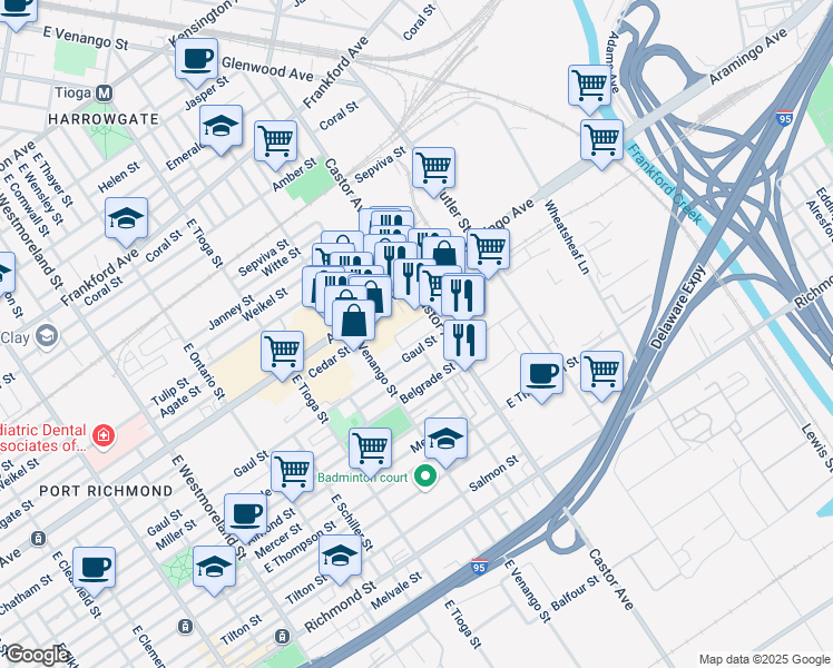 map of restaurants, bars, coffee shops, grocery stores, and more near 2450 Castor Avenue in Philadelphia