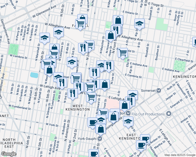 map of restaurants, bars, coffee shops, grocery stores, and more near 2817 Waterloo Street in Philadelphia