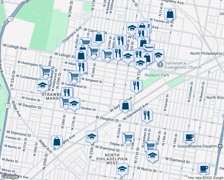 map of restaurants, bars, coffee shops, grocery stores, and more near 2403 West Cumberland Street in Philadelphia