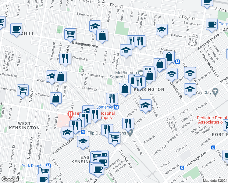 map of restaurants, bars, coffee shops, grocery stores, and more near 435 East Cambria Street in Philadelphia