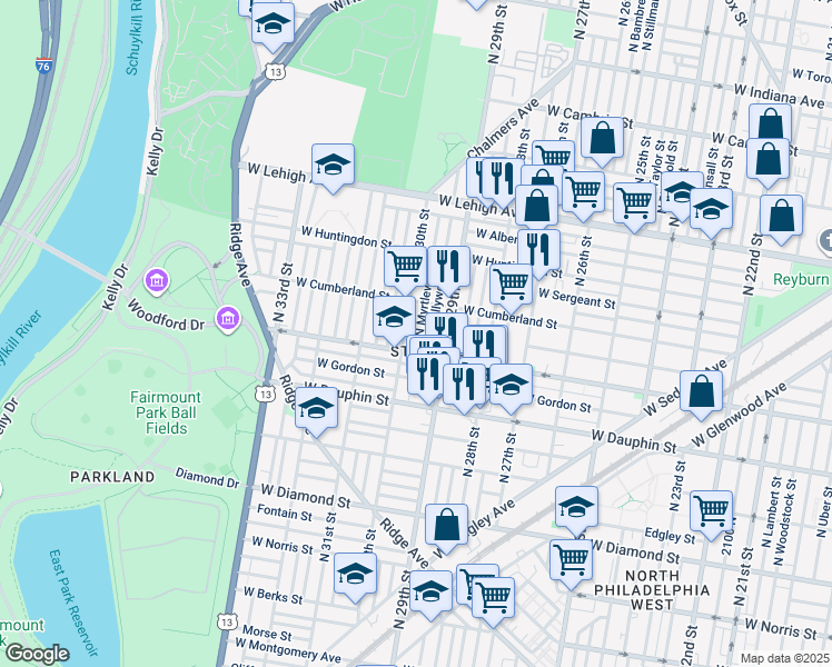 map of restaurants, bars, coffee shops, grocery stores, and more near 2422 North Myrtlewood Street in Philadelphia