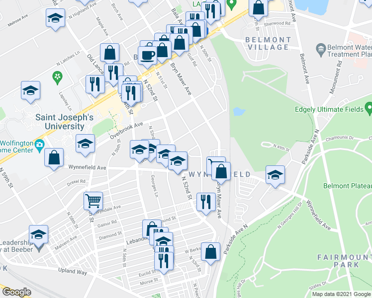map of restaurants, bars, coffee shops, grocery stores, and more near 5115 West Dakota Street in Philadelphia