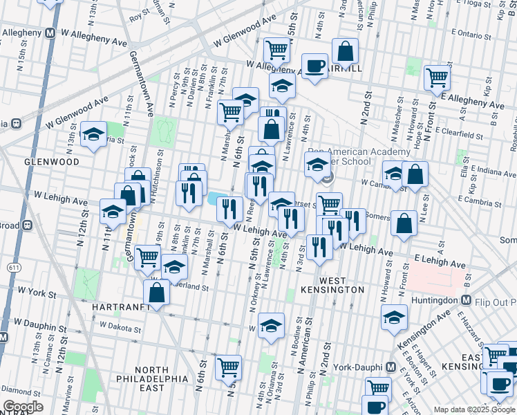 map of restaurants, bars, coffee shops, grocery stores, and more near 2740 North Orkney Street in Philadelphia