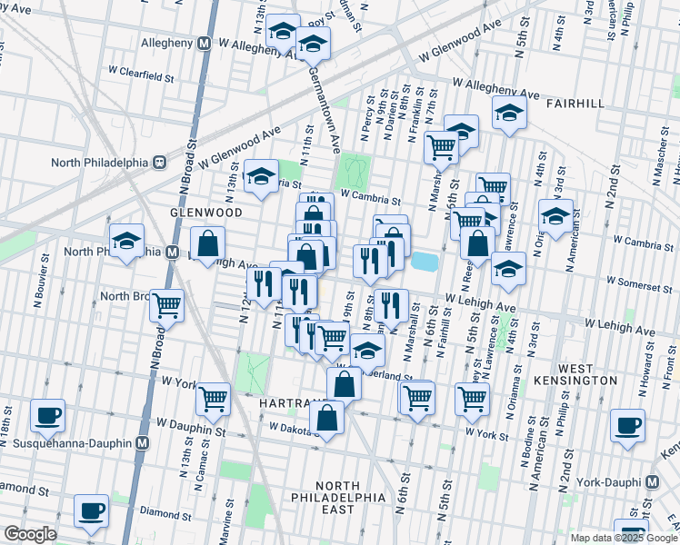 map of restaurants, bars, coffee shops, grocery stores, and more near 915 West Lehigh Avenue in Philadelphia