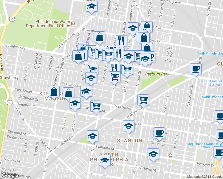 map of restaurants, bars, coffee shops, grocery stores, and more near 2409 West Cumberland Street in Philadelphia