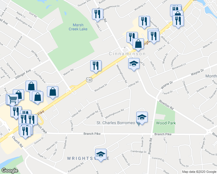 map of restaurants, bars, coffee shops, grocery stores, and more near 812 Westfield Drive in Cinnaminson