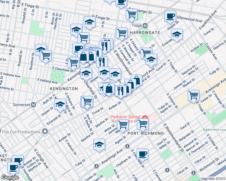 map of restaurants, bars, coffee shops, grocery stores, and more near 2036 East Allegheny Avenue in Philadelphia