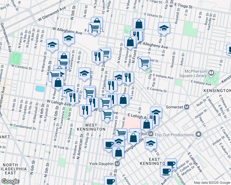 map of restaurants, bars, coffee shops, grocery stores, and more near 2817 Waterloo Street in Philadelphia