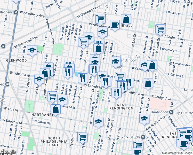 map of restaurants, bars, coffee shops, grocery stores, and more near 2740 North Orkney Street in Philadelphia