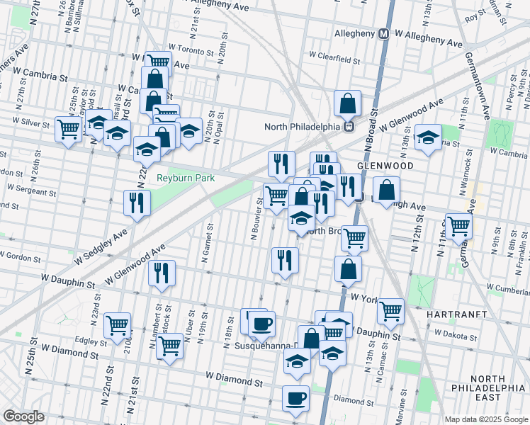 map of restaurants, bars, coffee shops, grocery stores, and more near 1716 West Huntingdon Street in Philadelphia