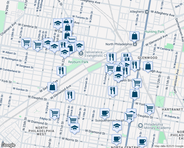 map of restaurants, bars, coffee shops, grocery stores, and more near 2558 North Cleveland Street in Philadelphia