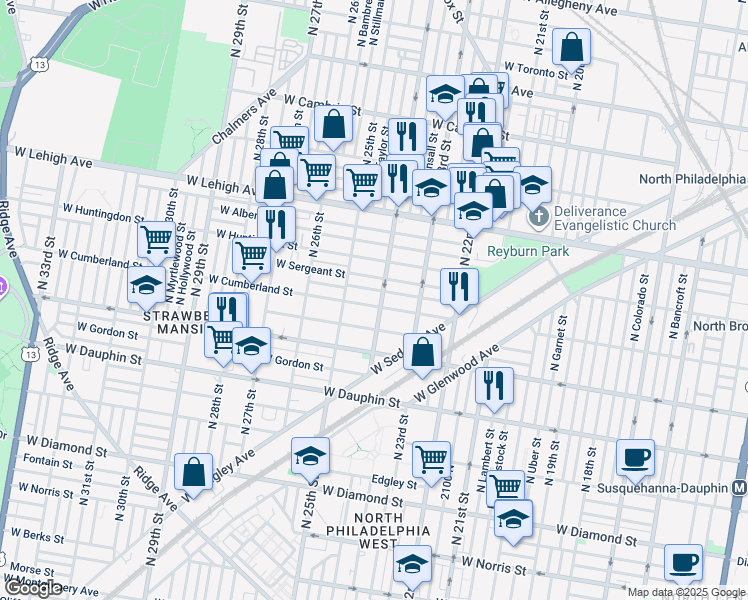 map of restaurants, bars, coffee shops, grocery stores, and more near 2409 West Cumberland Street in Philadelphia
