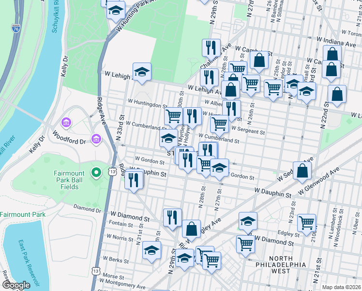 map of restaurants, bars, coffee shops, grocery stores, and more near in Philadelphia