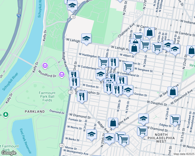 map of restaurants, bars, coffee shops, grocery stores, and more near 2417 North Stanley Street in Philadelphia