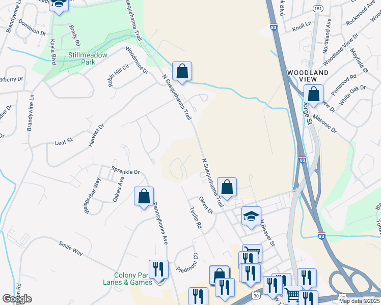 map of restaurants, bars, coffee shops, grocery stores, and more near 2260 North Susquehanna Trail in York