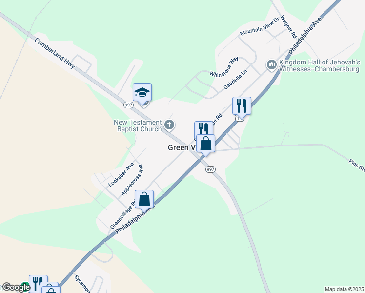 map of restaurants, bars, coffee shops, grocery stores, and more near 5362 Cumberland Highway in Chambersburg