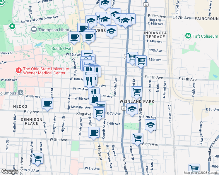 map of restaurants, bars, coffee shops, grocery stores, and more near 95 East 9th Avenue in Columbus