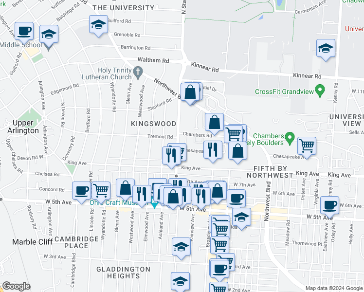 map of restaurants, bars, coffee shops, grocery stores, and more near 1737 North Star Road in Columbus