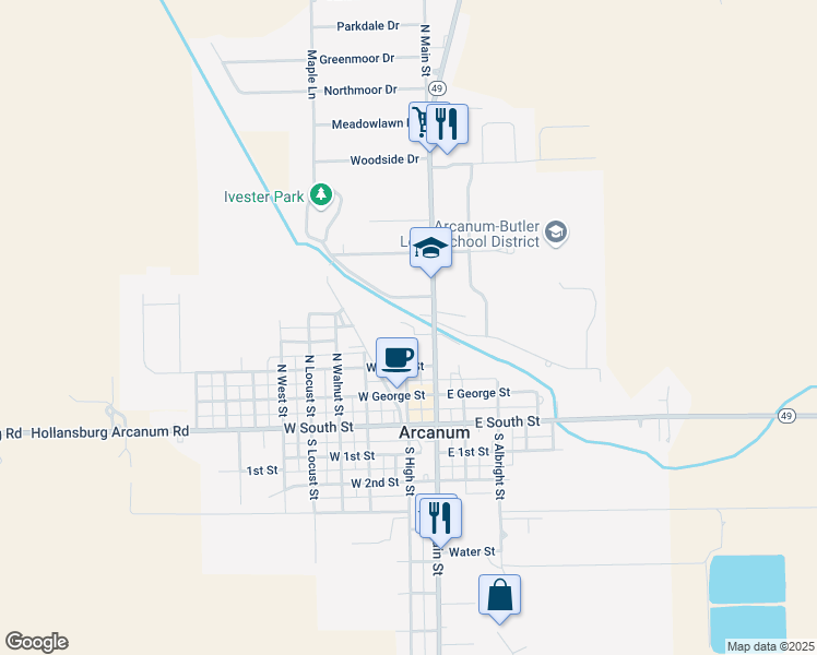 map of restaurants, bars, coffee shops, grocery stores, and more near 212 N Main St in Arcanum