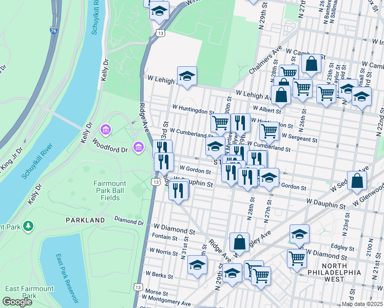 map of restaurants, bars, coffee shops, grocery stores, and more near 2408 North Napa Street in Philadelphia