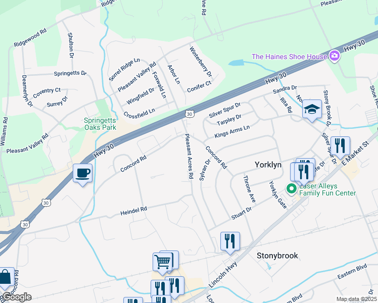 map of restaurants, bars, coffee shops, grocery stores, and more near 262 Pleasant Acres Road in York