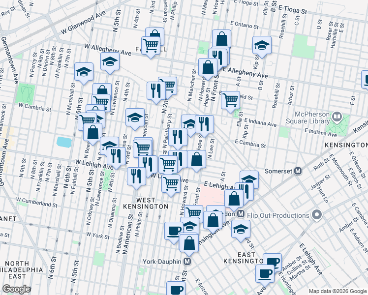 map of restaurants, bars, coffee shops, grocery stores, and more near 2817 Waterloo Street in Philadelphia