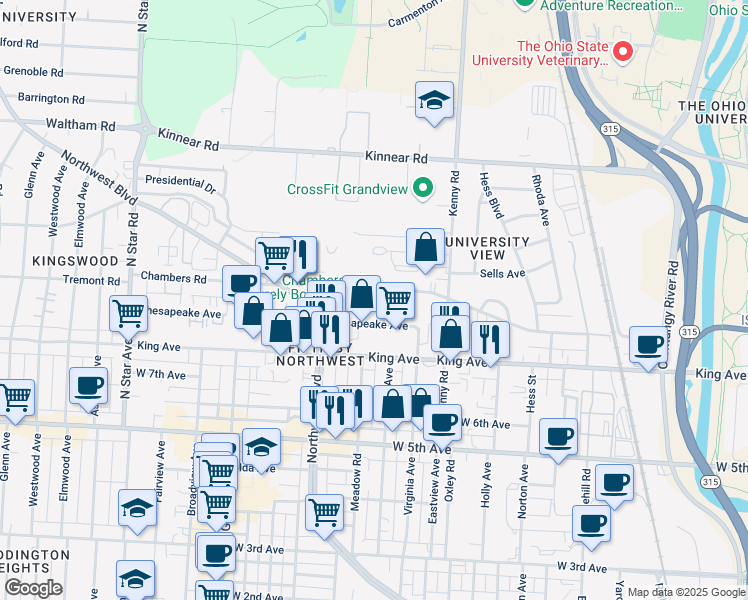 map of restaurants, bars, coffee shops, grocery stores, and more near 1145 Chambers Road in Columbus