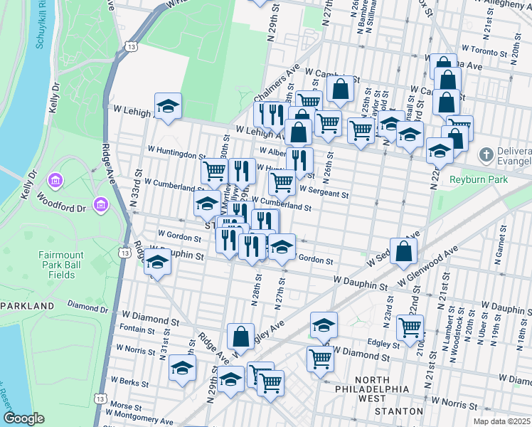 map of restaurants, bars, coffee shops, grocery stores, and more near 2442 North 28th Street in Philadelphia