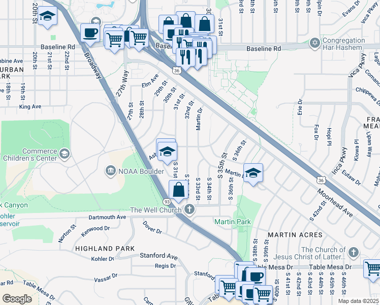 map of restaurants, bars, coffee shops, grocery stores, and more near 20 South 32nd Street in Boulder