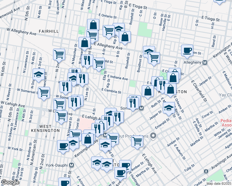 map of restaurants, bars, coffee shops, grocery stores, and more near 324 East Cambria Street in Philadelphia